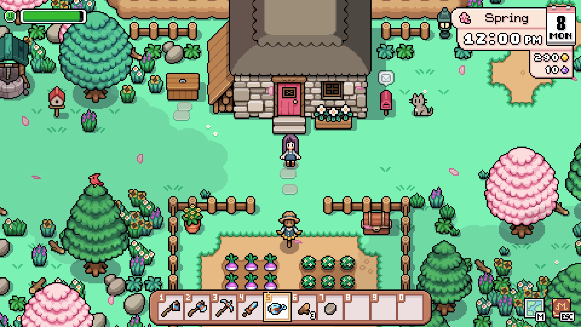 Spring farm in Fields of Mistria with the farmhouse, crops, trees, fences, and player character outside.